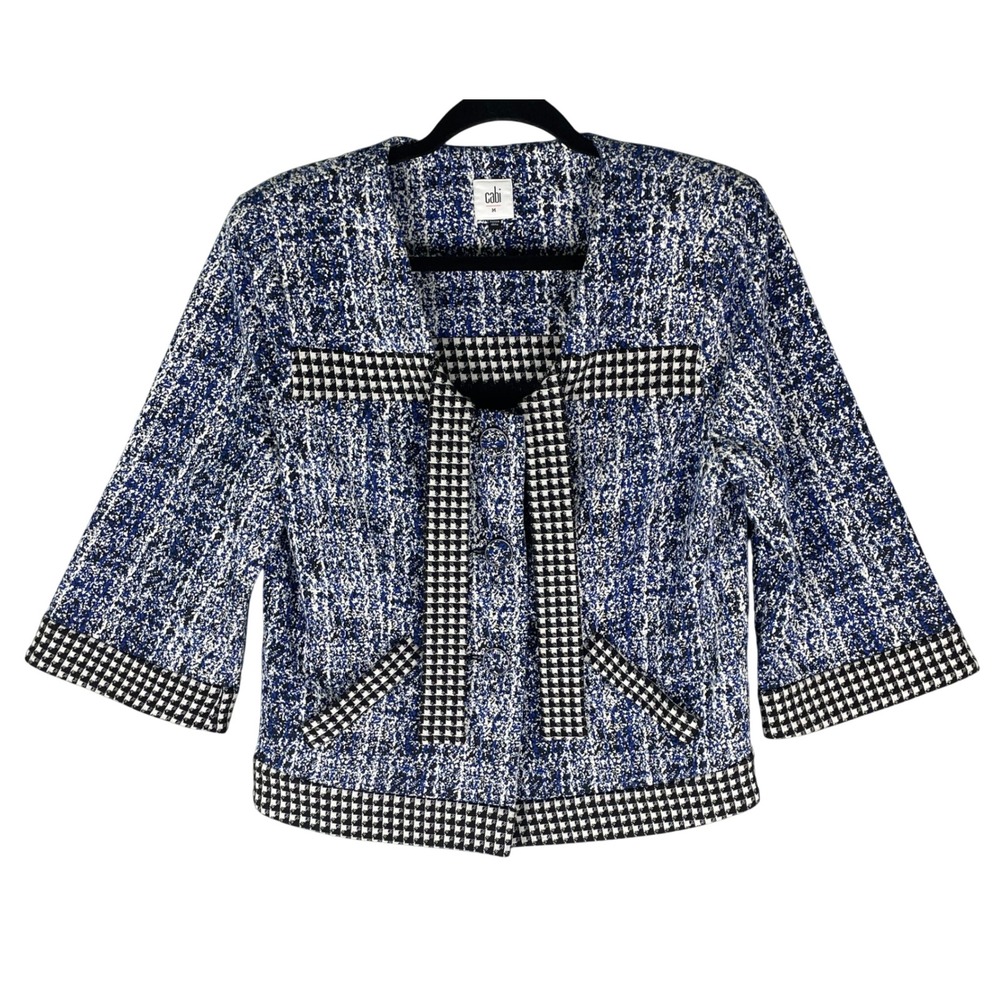 Cabi‎ Reina 21 Club Tweed Knit Jacket Womens Medium Blue Houndstooth Trim 5294